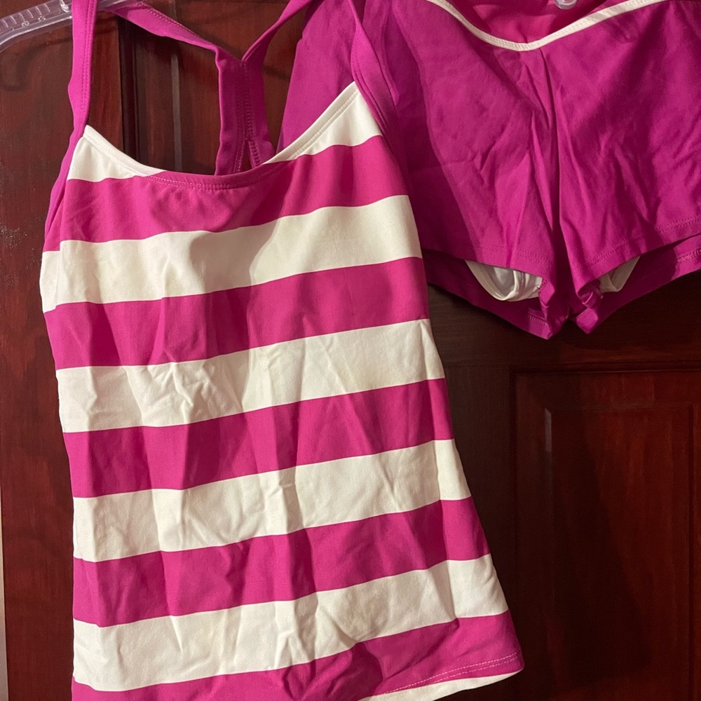 Pink and White Striped Tank Top and Shorts bathing suit